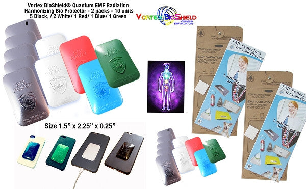 Ten Units (10) - Vortex BioShield® Quantum EMF Radiation Harmonizing Bio Protector - 10 pack - 2 White , 1 Blue, 1 Red, 1 Green and 5 Black