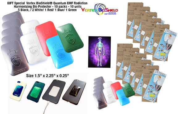GIFT 10 units - Vortex BioShield® Quantum EMF Radiation Harmonizing Bio Protector - 10 packs - 2 White , 1 Blue, 1 Red, 1 Green and 5 Black